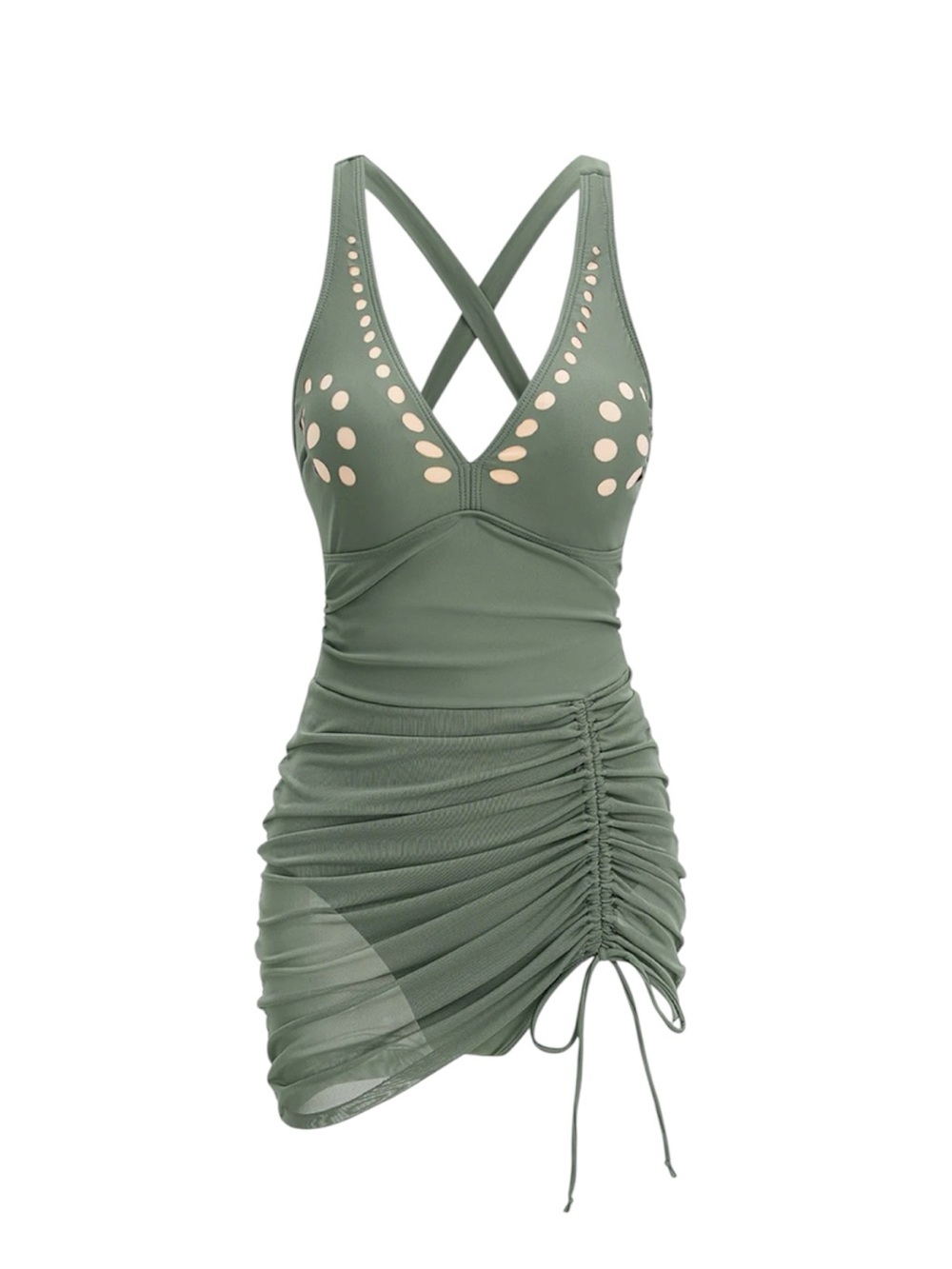 Blooming Jelly One Piece Swim Dress, Mesh Skirt, Army Green, Tummy Control XXL